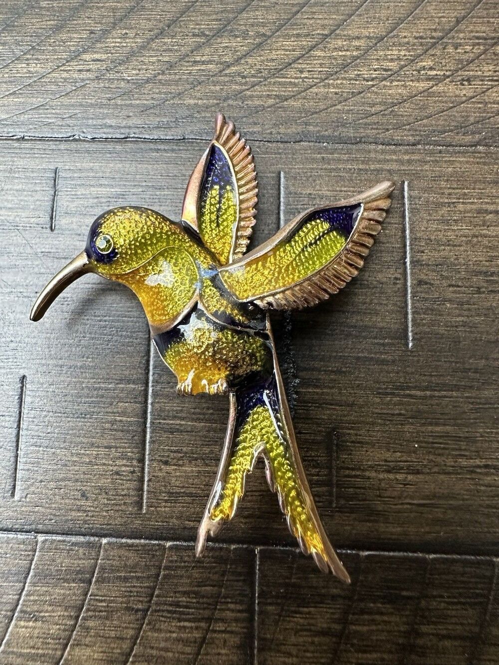 Vintage Enamel Hummingbird Brooch Pin Gold Tone Colorful Bird Large 3” - Picture 2 of 6
